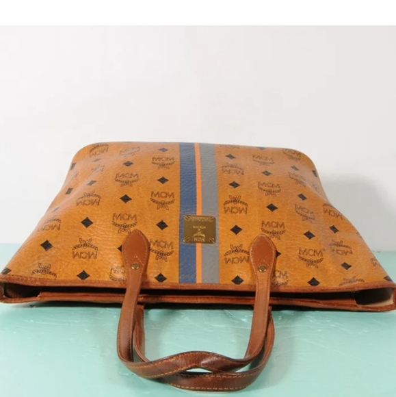 MCM Authentic Visetos  Shopper Tote Bag Yellow Gold Cognac Brown Blue Striped - Picture 14 of 16